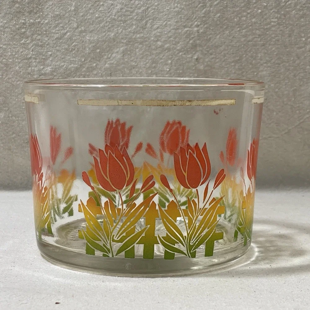 VTG‎ MCM Retro Glass Barware Ice Bucket Bowl Orange Red Yellow Tulip Flower RARE